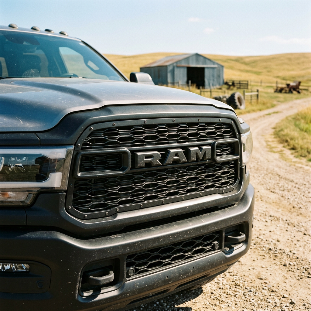 Close-up of a matte black RAM truck grille on a dirt road with a barn in the background. (Representative image for illustration purposes only. Actual vehicle may vary based on trim and configuration.)