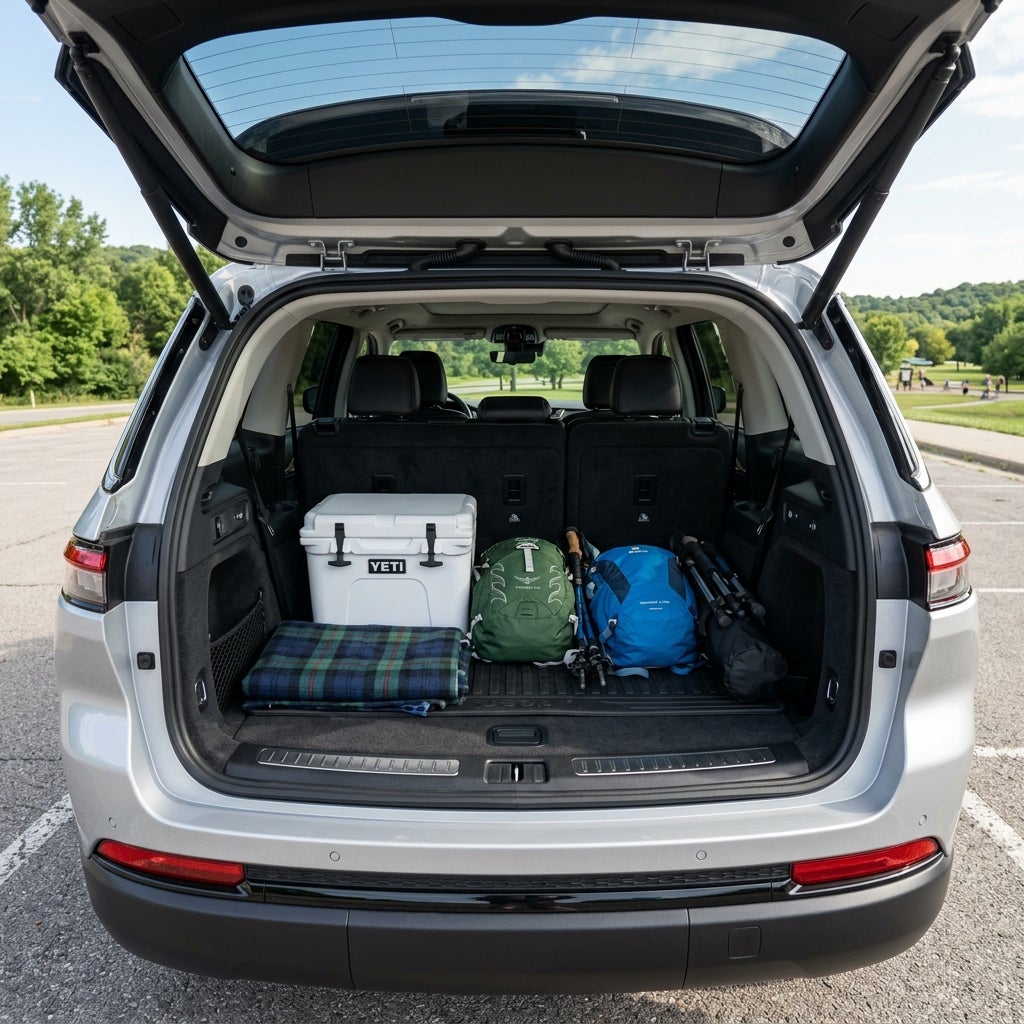 Open trunk of a silver SUV loaded with a Yeti cooler, colorful backpacks, trekking poles, and a plaid blanket. (Representative image for illustration purposes only. Actual vehicle may vary based on trim and configuration.)