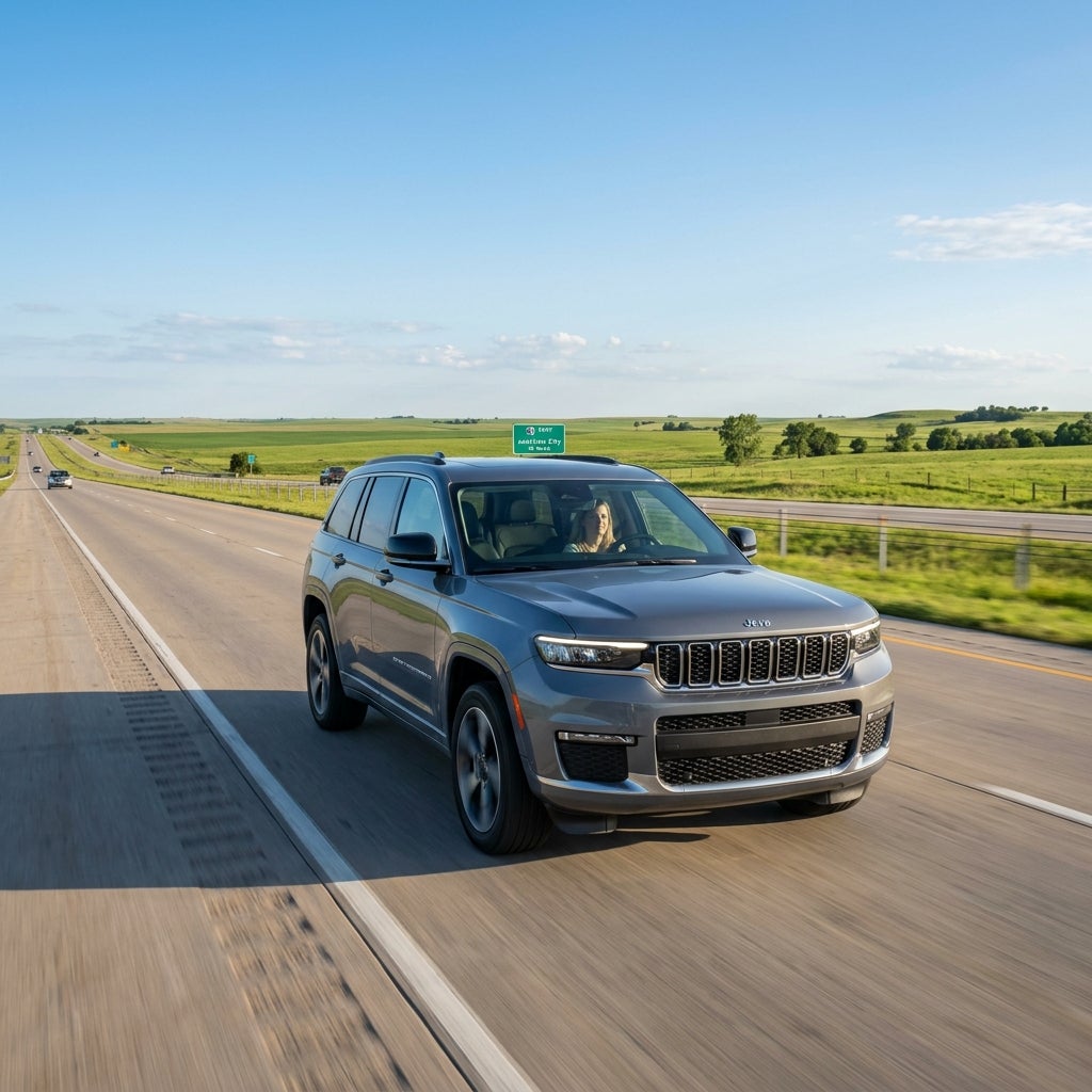 A grey Jeep Grand Cherokee SUV driving down an open highway through green fields on a sunny day. (Representative image for illustration purposes only. Actual vehicle may vary based on trim and configuration.)