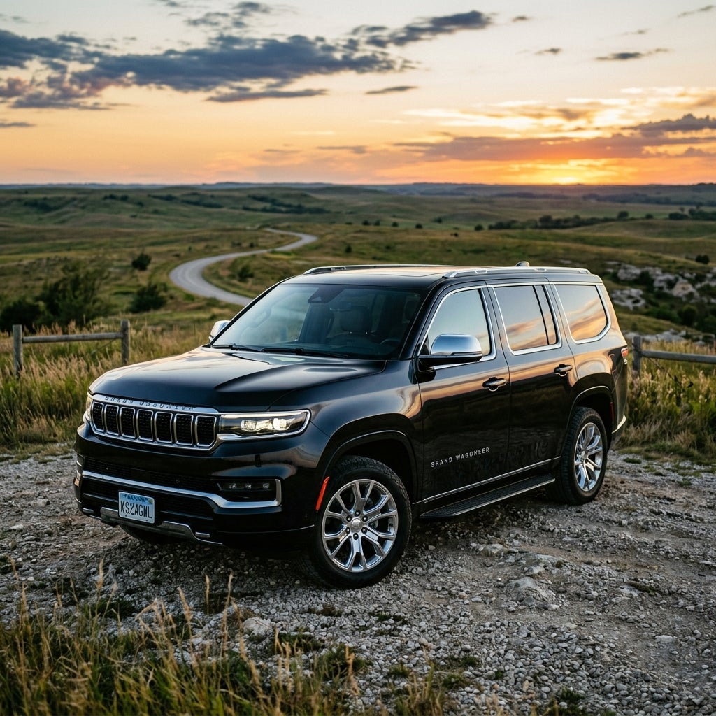 A black Grand Wagoneer SUV parked on a gravel path overlooking rolling green hills at sunset. (Representative image for illustration purposes only. Actual vehicle may vary based on trim and configuration.)