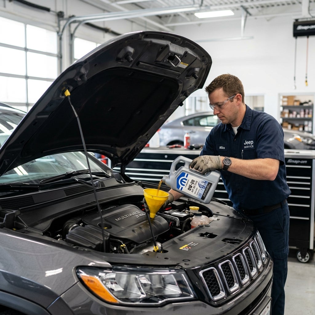 A Jeep service technician pouring motor oil into a car engine using a yellow funnel inside a repair shop. (Representative image for illustration purposes only. Actual vehicle may vary based on trim and configuration.)