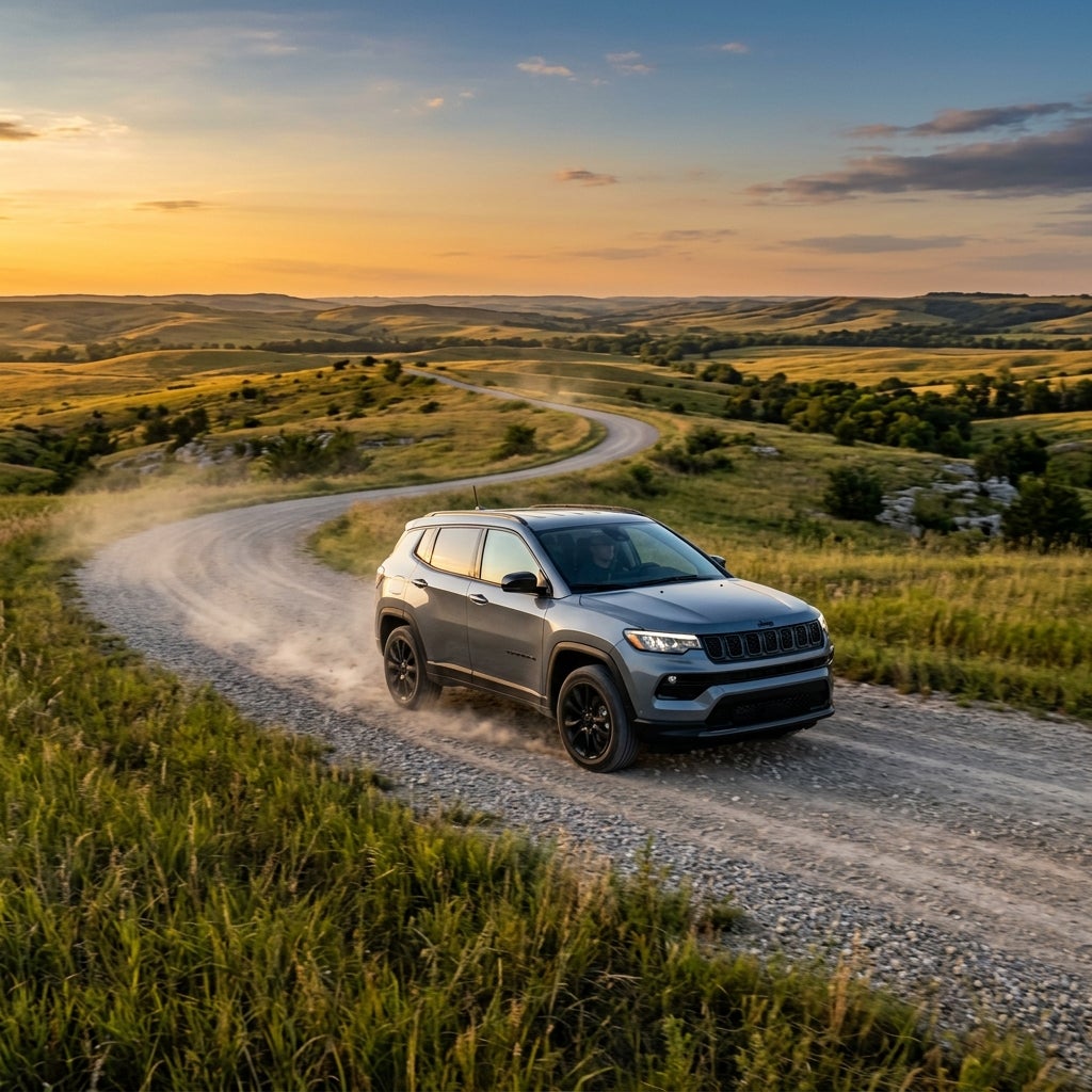 A grey Jeep SUV driving down a winding gravel road through rolling green hills at sunset. (Representative image for illustration purposes only. Actual vehicle may vary based on trim and configuration.)