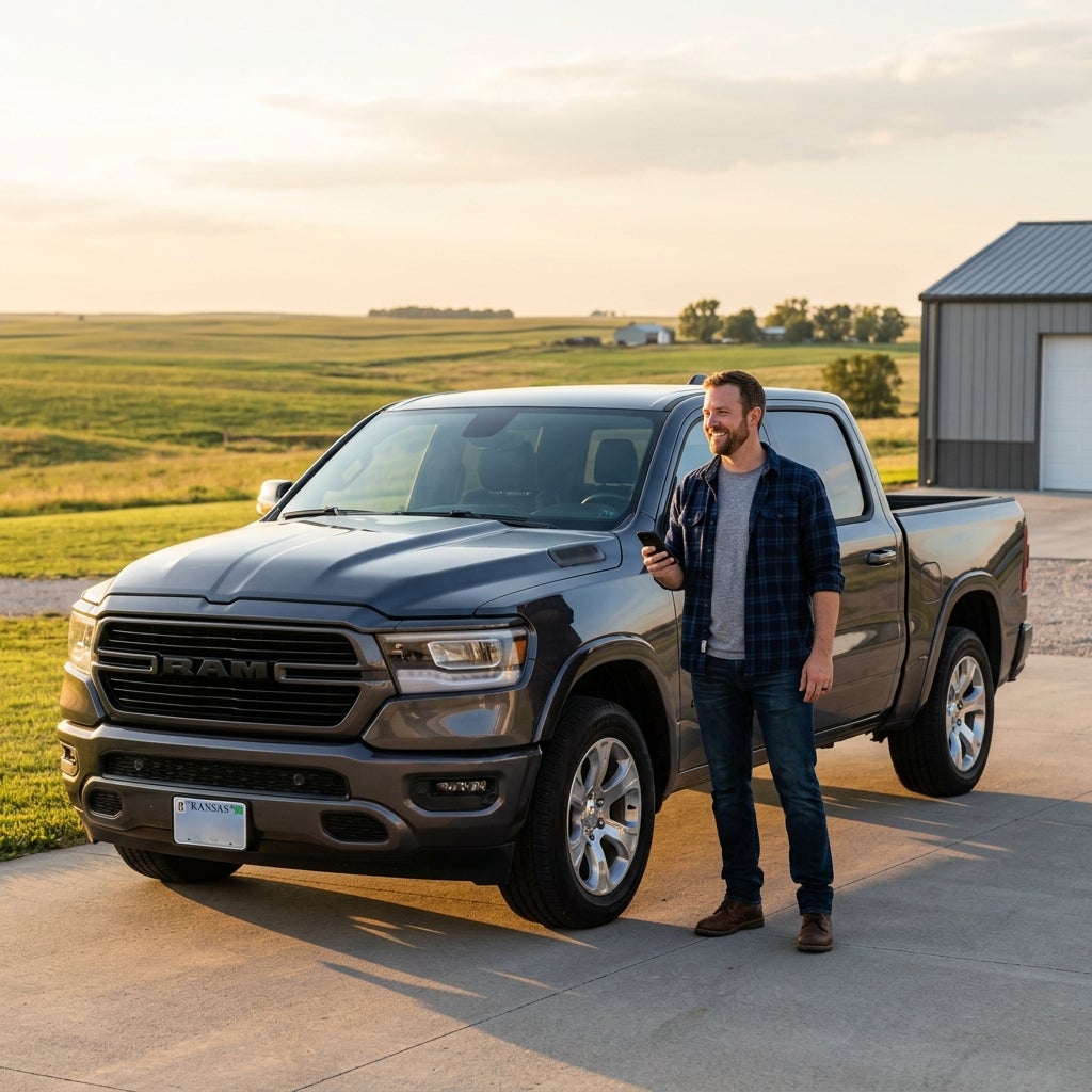 A man standing next to a dark grey RAM pickup truck holding a smartphone on a rural farm driveway at sunset. (Representative image for illustration purposes only. Actual vehicle may vary based on trim and configuration.)