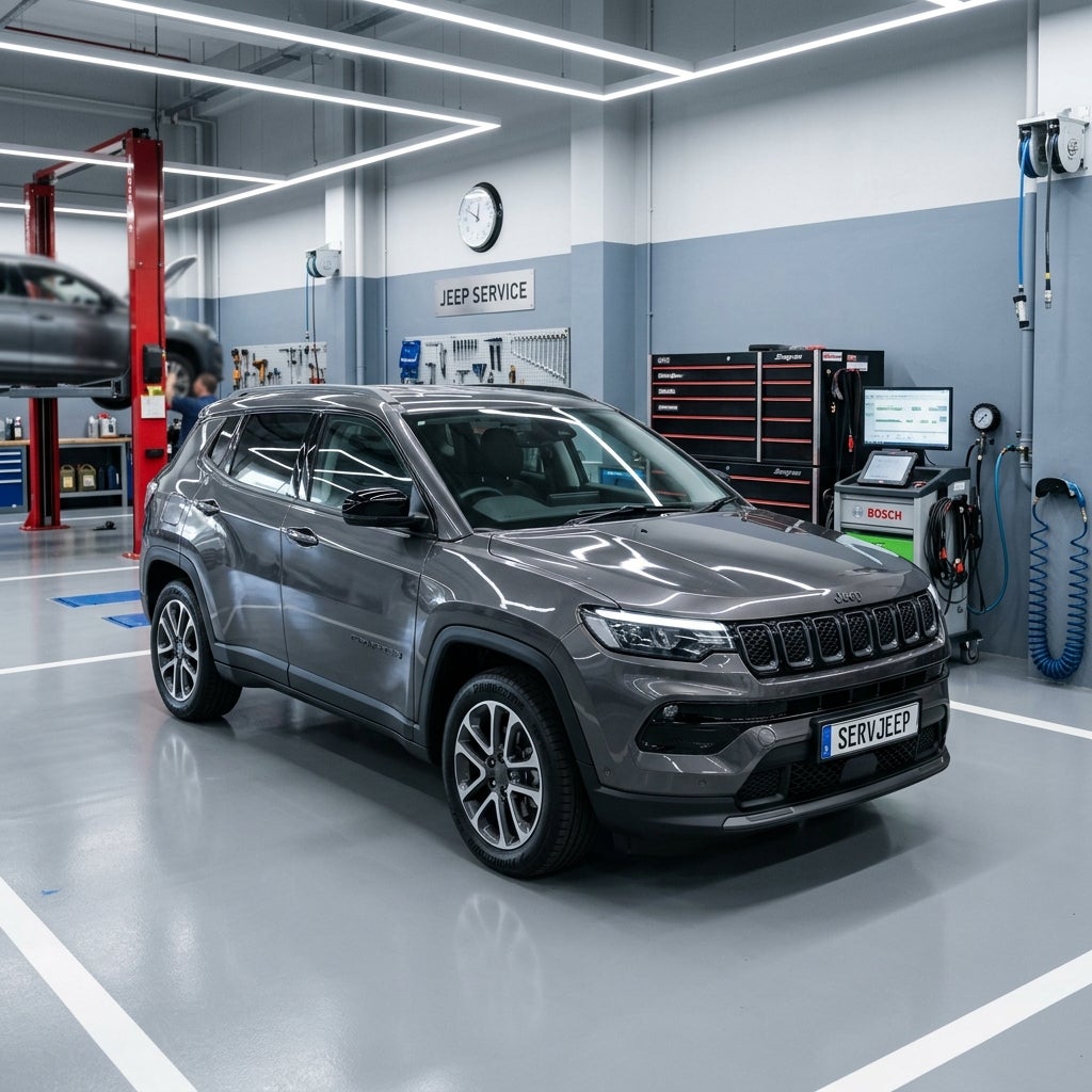 A dark grey Jeep Compass parked inside a clean, modern Jeep service workshop with diagnostic equipment. (Representative image for illustration purposes only. Actual vehicle may vary based on trim and configuration.)