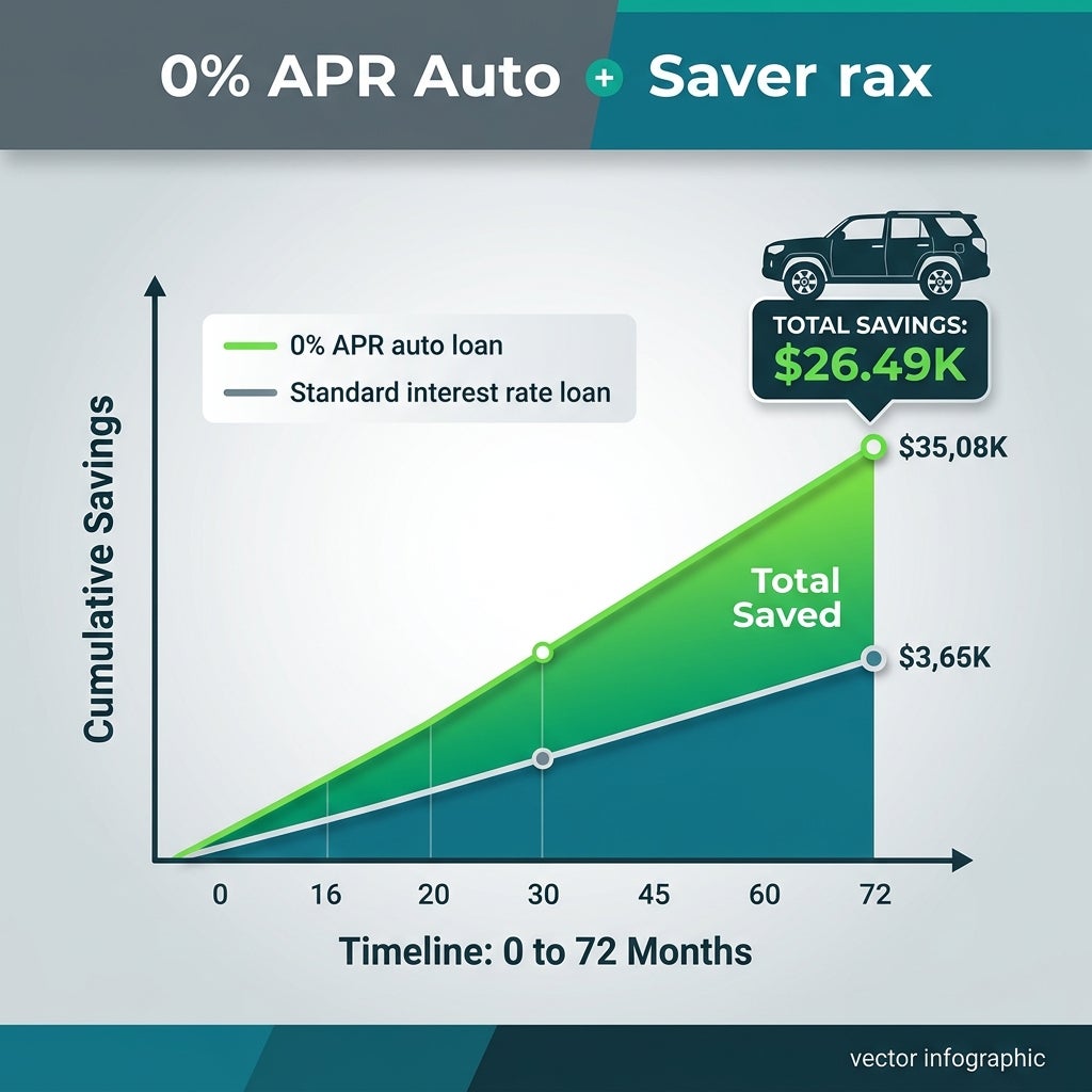 Infographic comparing cumulative savings between a 0% APR auto loan and a standard interest rate loan over 72 months. (Representative image for illustration purposes only. Actual vehicle may vary based on trim and configuration.)