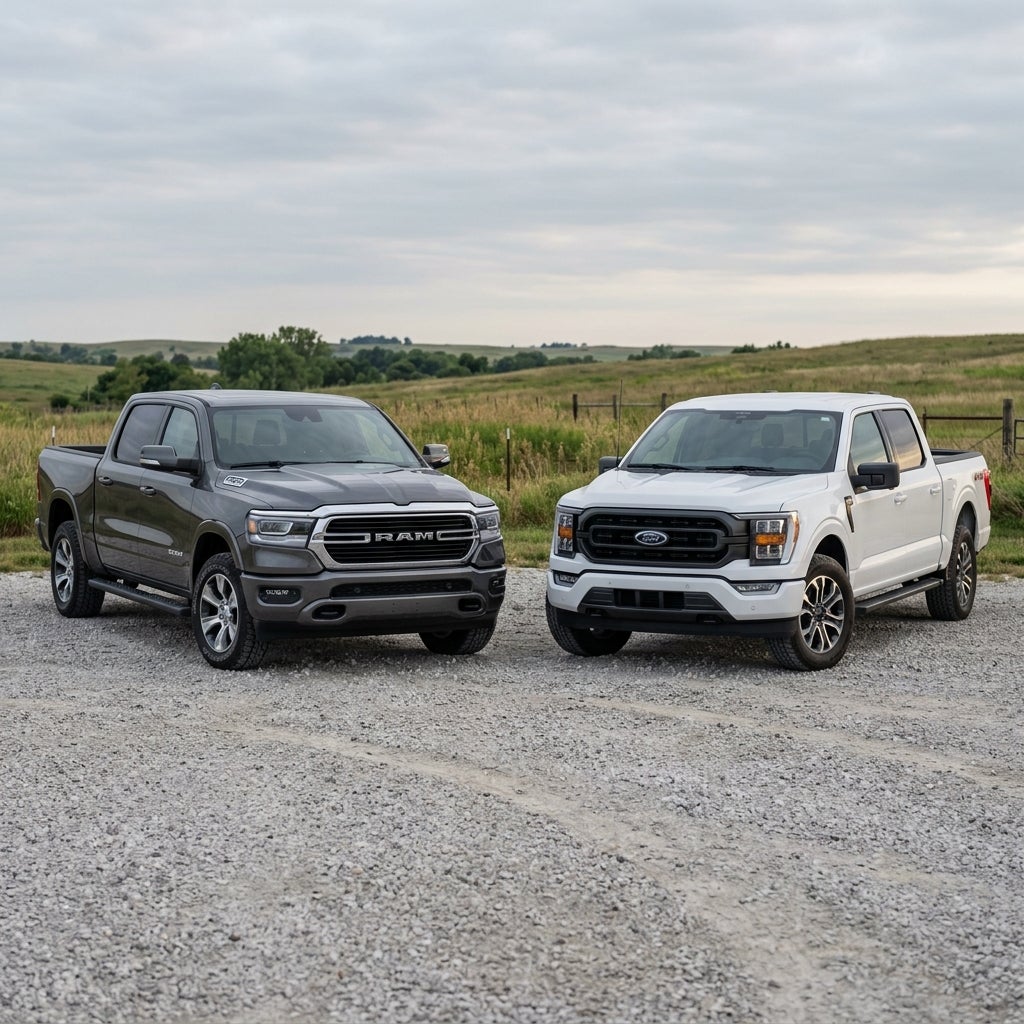 A gray Ram 1500 and a white Ford F-150 parked side-by-side on a gravel lot with rolling hills in the background. (Representative image for illustration purposes only. Actual vehicle may vary based on trim and configuration.)