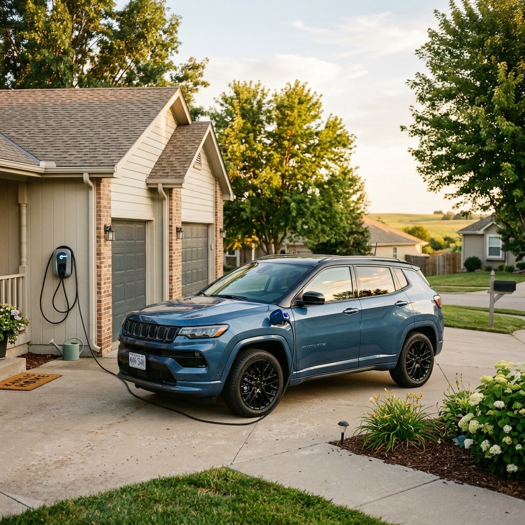 A blue Jeep SUV charging at a home EV station on a suburban driveway during late afternoon. (Representative image for illustration purposes only. Actual vehicle may vary based on trim and configuration.)