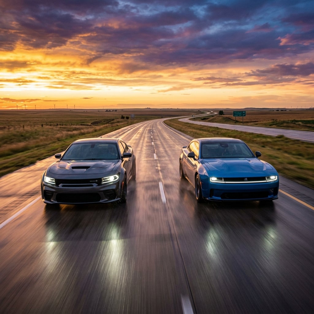 A grey Dodge Charger and a blue electric Charger Daytona EV driving side-by-side on a wet highway at sunset. (Representative image for illustration purposes only. Actual vehicle may vary based on trim and configuration.)