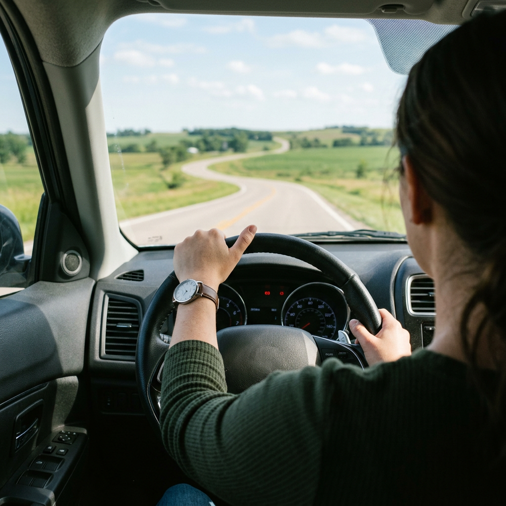 Over-the-shoulder view of a woman driving a car along a winding country road under a partly cloudy sky. (Representative image for illustration purposes only. Actual vehicle may vary based on trim and configuration.)