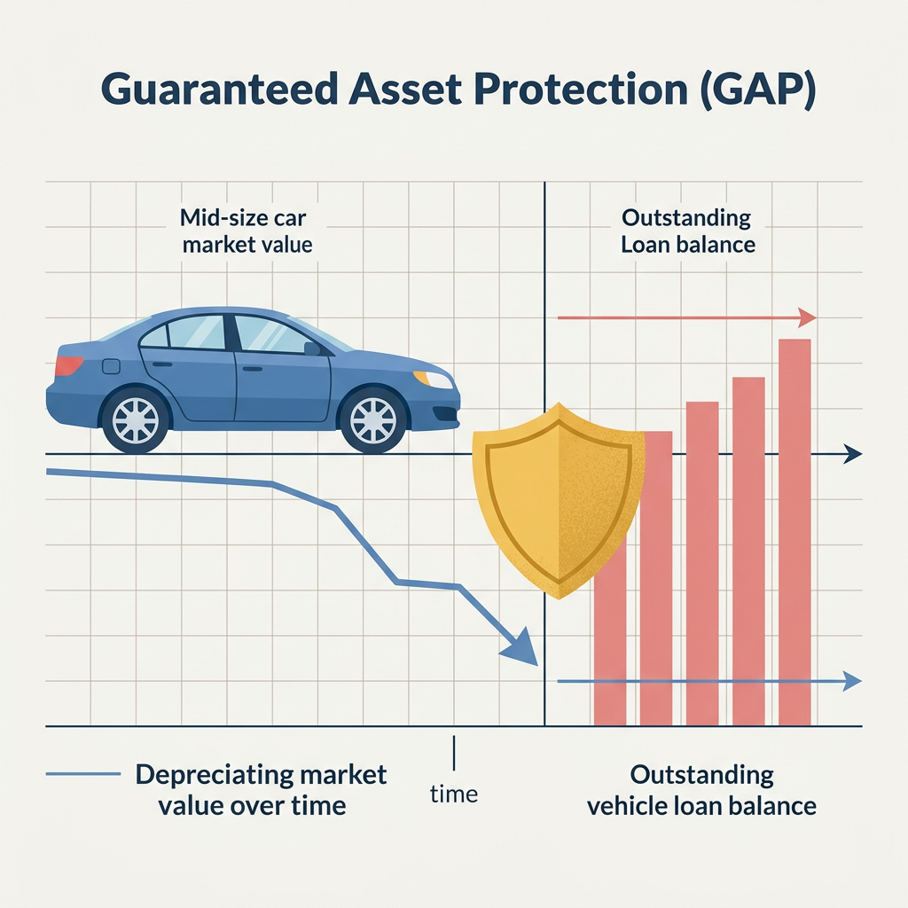 Line graph showing decreasing car market value alongside a bar chart showing an increasing outstanding loan balance over time. (Representative image for illustration purposes only. Actual vehicle may vary based on trim and configuration.)