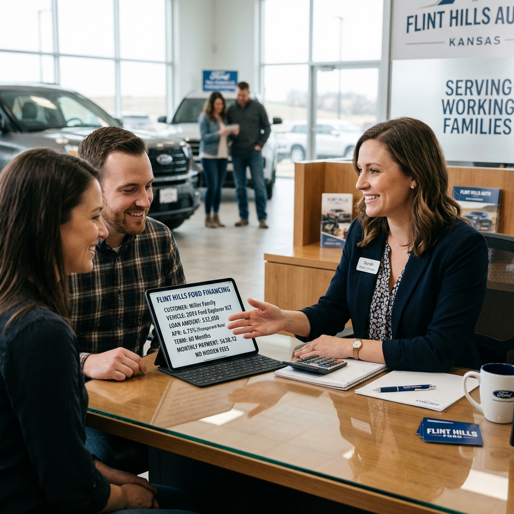 A car dealership finance manager showing a tablet screen with loan terms to a smiling couple. (Representative image for illustration purposes only. Actual vehicle may vary based on trim and configuration.)