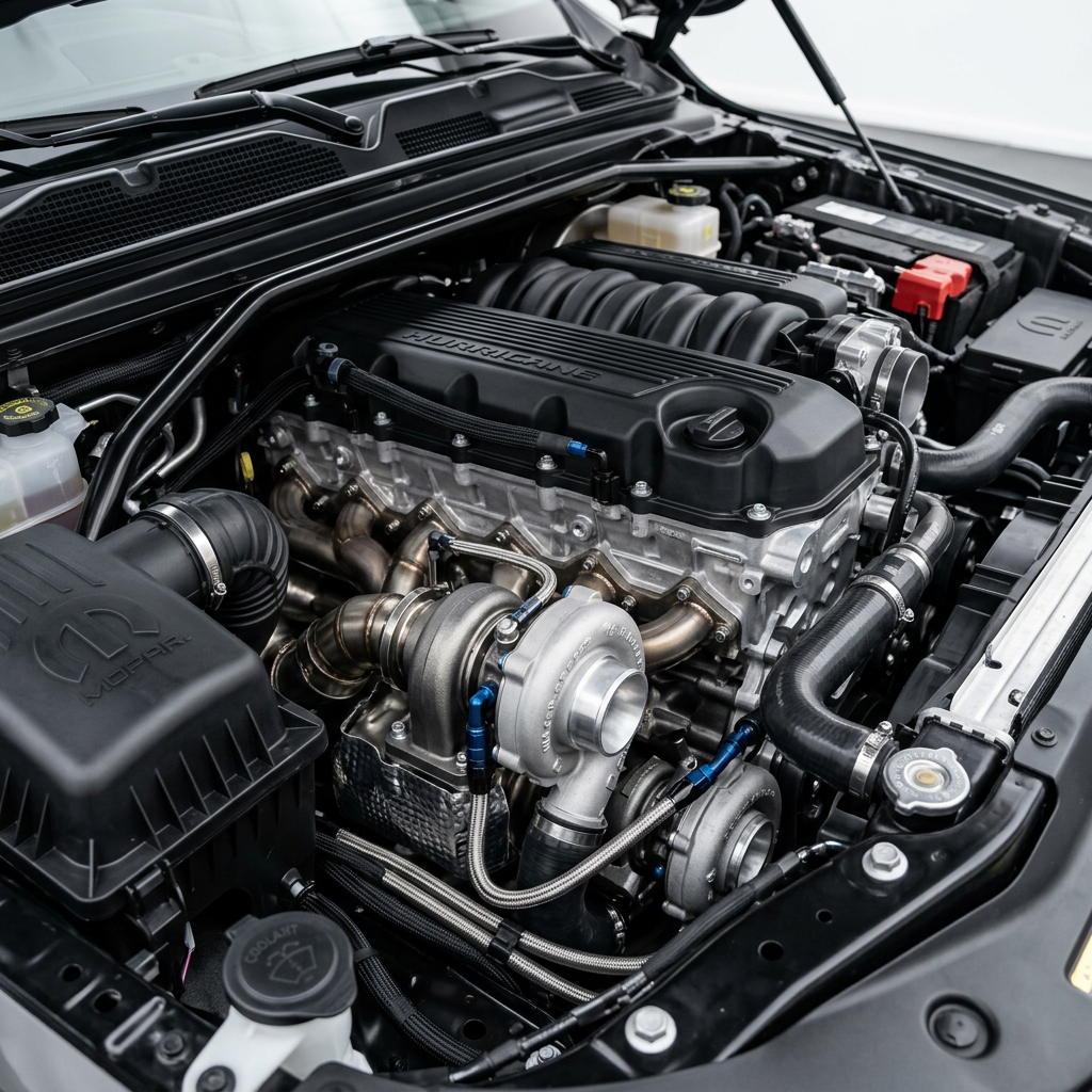 A clean, modern Jeep Hurricane twin-turbo inline-six engine bay. (Representative image for illustration purposes only. Actual vehicle may vary based on trim and configuration.)