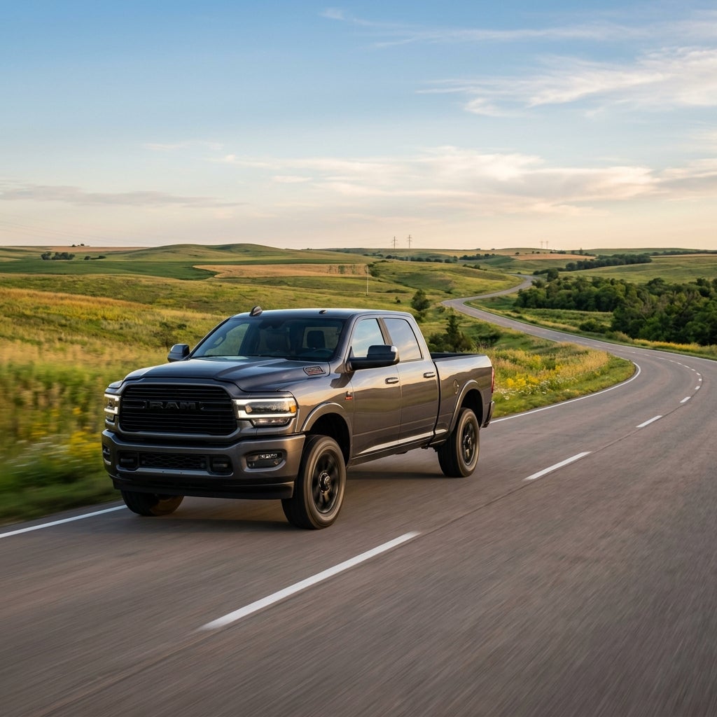 Dark grey RAM pickup truck driving along a winding asphalt road through rolling green countryside. (Representative image for illustration purposes only. Actual vehicle may vary based on trim and configuration.)