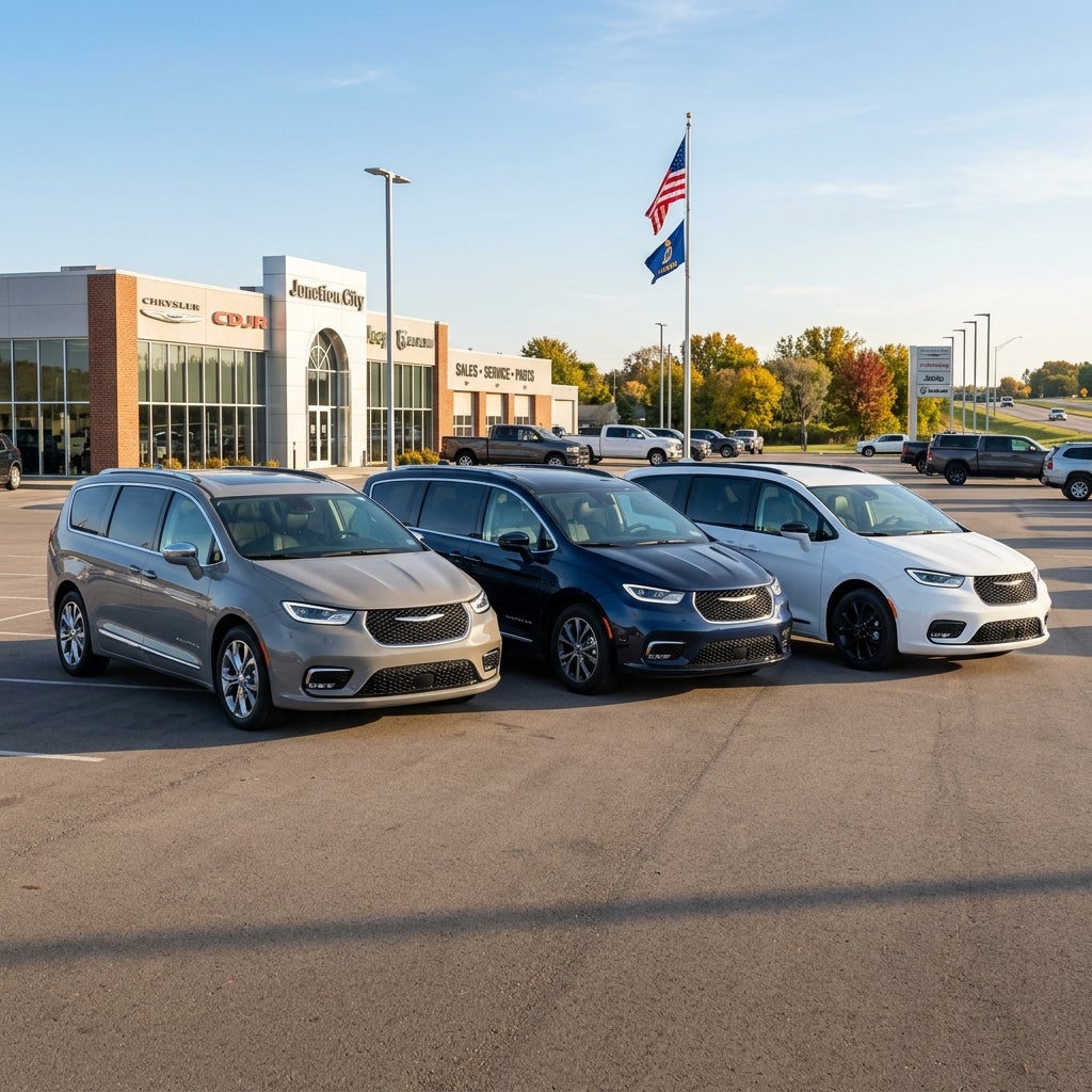 Three Chrysler Pacifica minivans in taupe, dark blue, and white parked outside a car dealership. (Representative image for illustration purposes only. Actual vehicle may vary based on trim and configuration.)