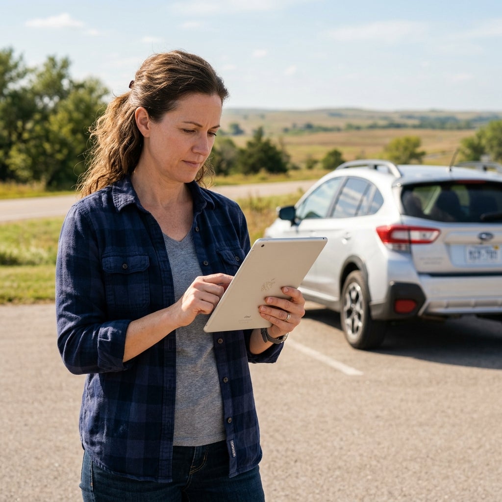 A woman in a blue plaid shirt uses a tablet while standing outdoors in front of a silver SUV. (Representative image for illustration purposes only. Actual vehicle may vary based on trim and configuration.)