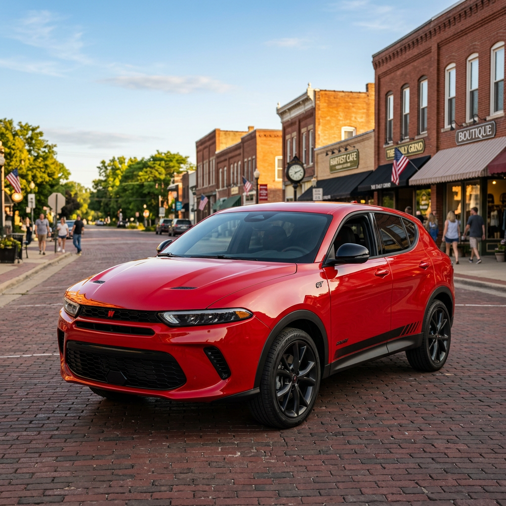 Red Dodge Hornet GT compact SUV parked on a historic brick street in a charming small town. (Representative image for illustration purposes only. Actual vehicle may vary based on trim and configuration.)