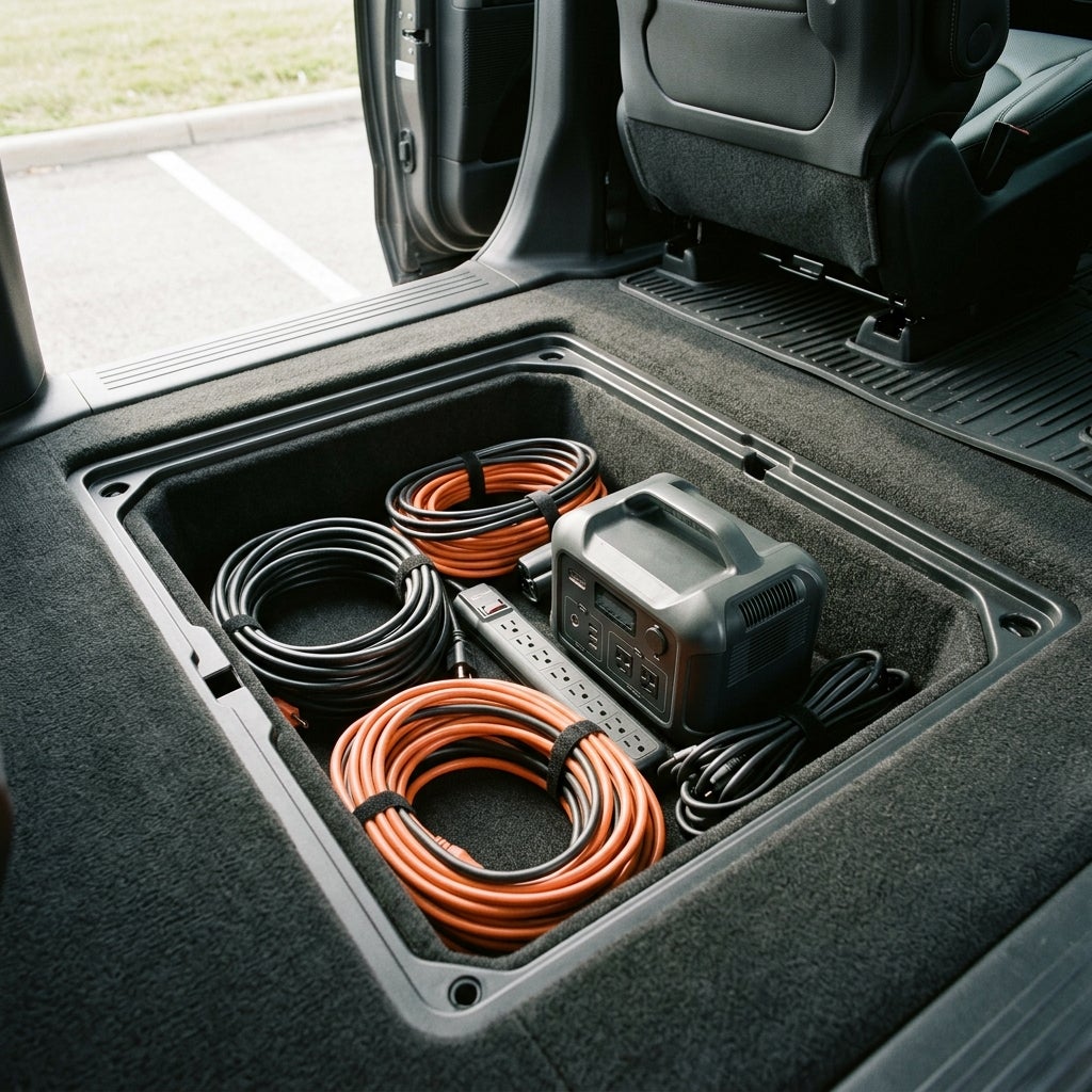 Portable power station, power strip, and extension cords stored in a vehicle's under-floor storage compartment. (Representative image for illustration purposes only. Actual vehicle may vary based on trim and configuration.)