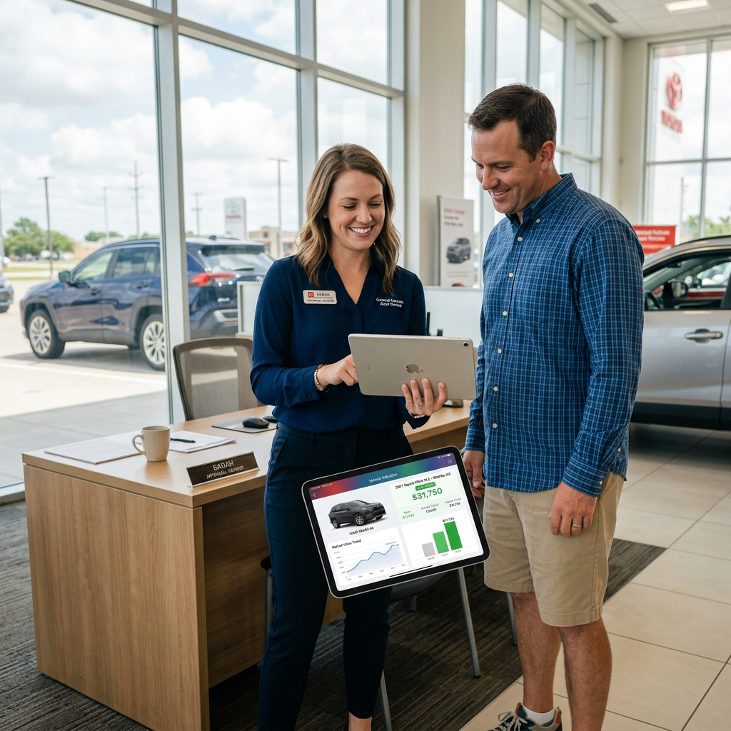 A female car dealer shows a male customer pricing details on a tablet in a modern car showroom. (Representative image for illustration purposes only. Actual vehicle may vary based on trim and configuration.)