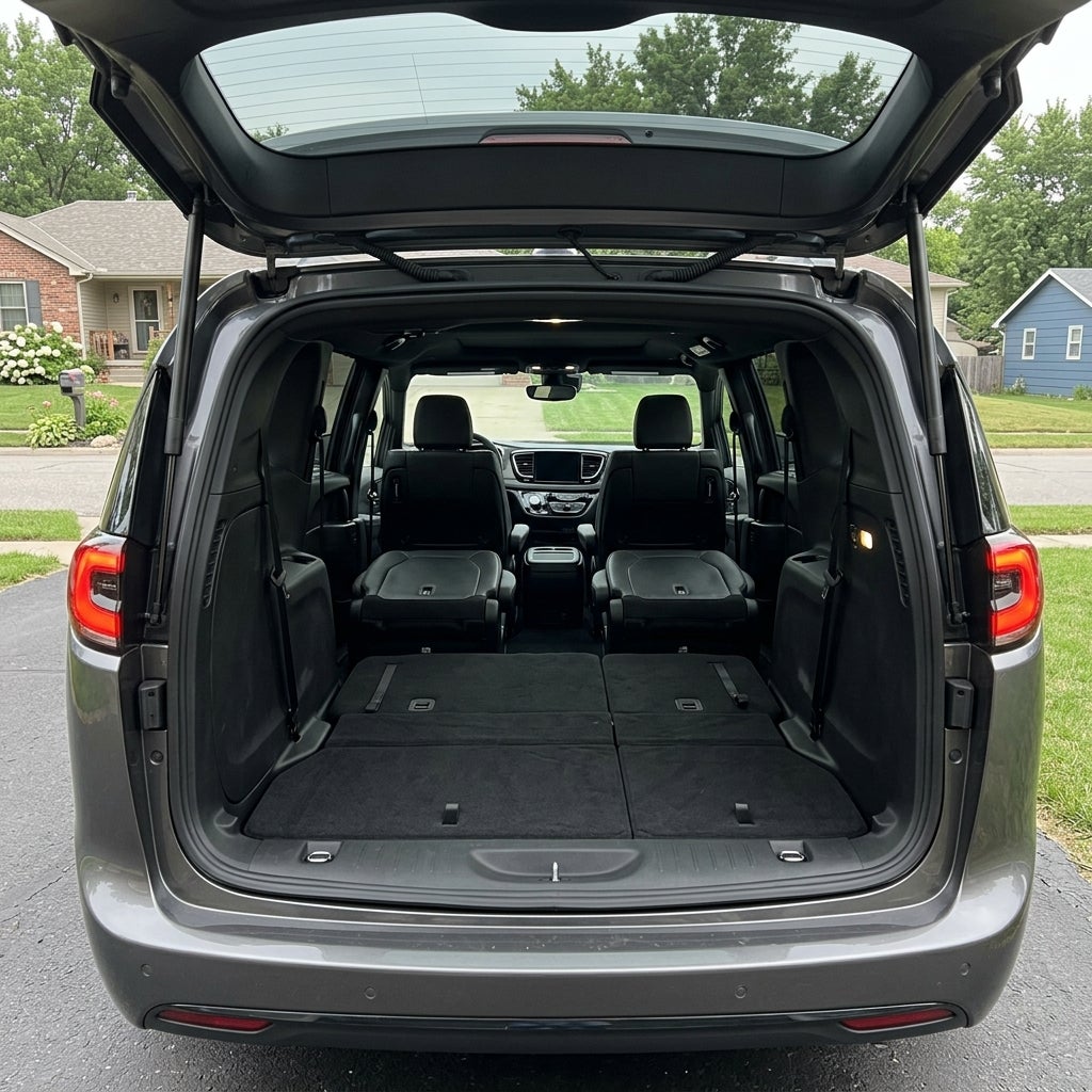 Open trunk of a grey minivan with the third-row seats folded completely flat, showing a spacious carpeted cargo area. (Representative image for illustration purposes only. Actual vehicle may vary based on trim and configuration.)