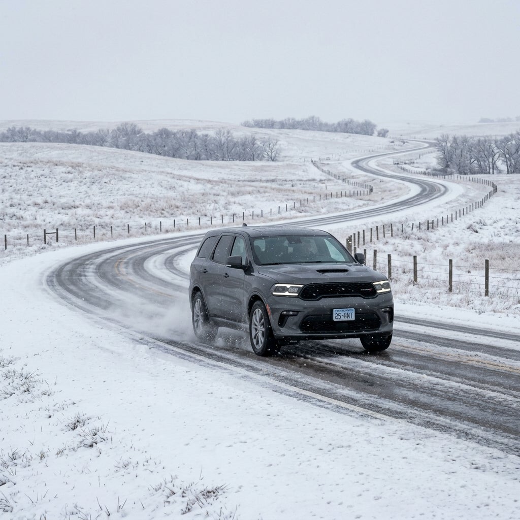 A dark grey SUV drives along a slushy, winding road through a snow-covered countryside. (Representative image for illustration purposes only. Actual vehicle may vary based on trim and configuration.)