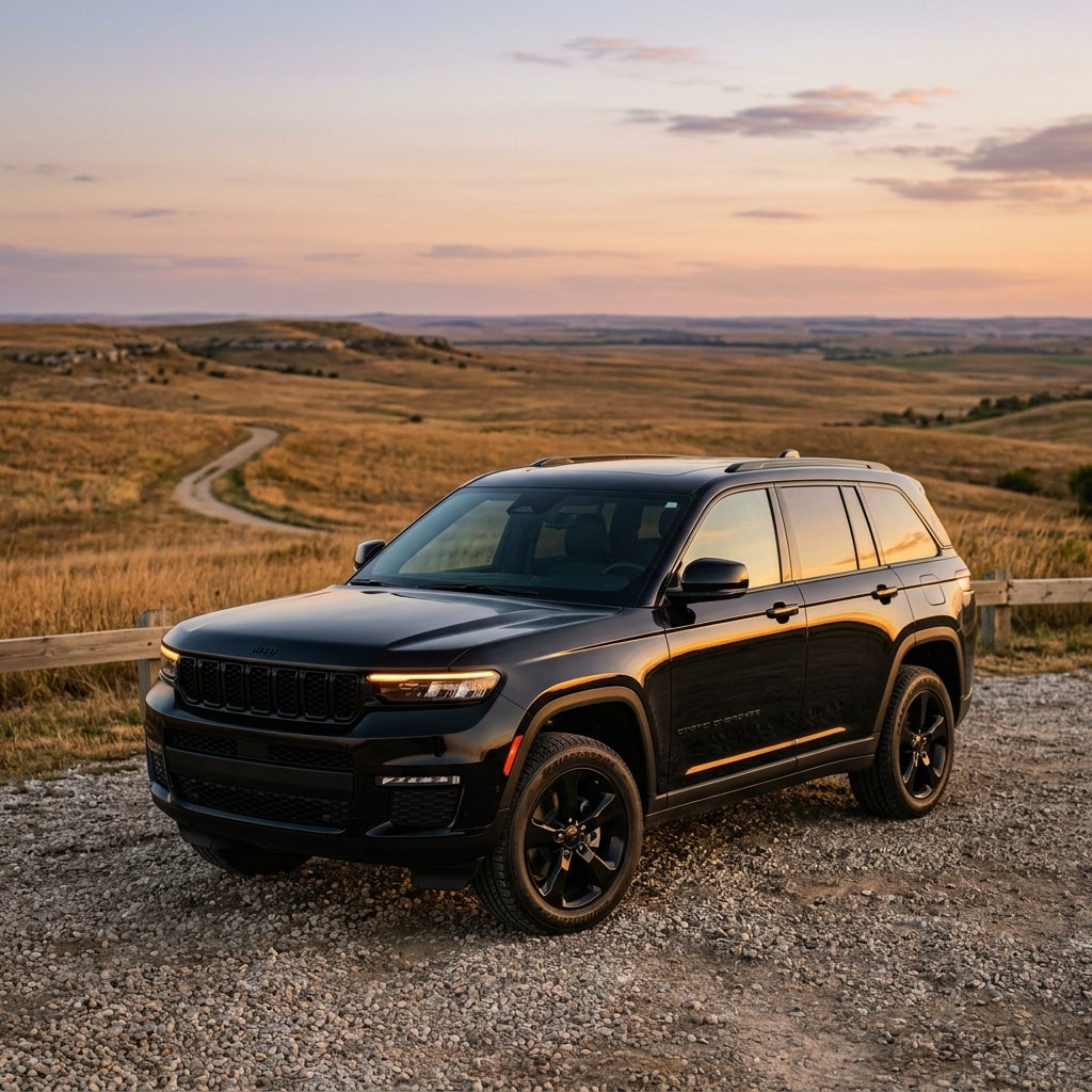 Black Jeep Grand Cherokee parked on a gravel path overlooking rolling prairie hills during a warm sunset. (Representative image for illustration purposes only. Actual vehicle may vary based on trim and configuration.)
