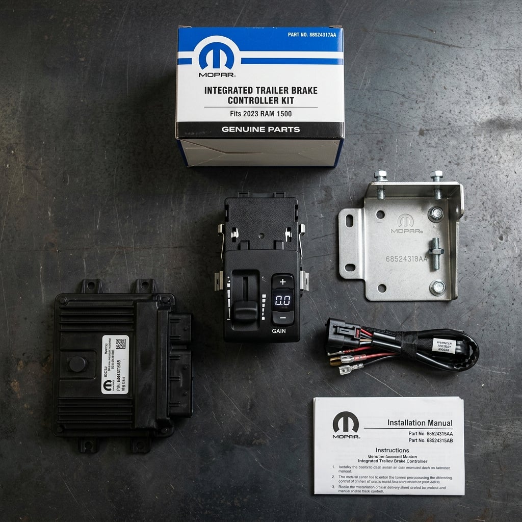 Mopar integrated trailer brake controller kit parts for a 2023 Ram 1500 laid out on a dark background. (Representative image for illustration purposes only. Actual vehicle may vary based on trim and configuration.)