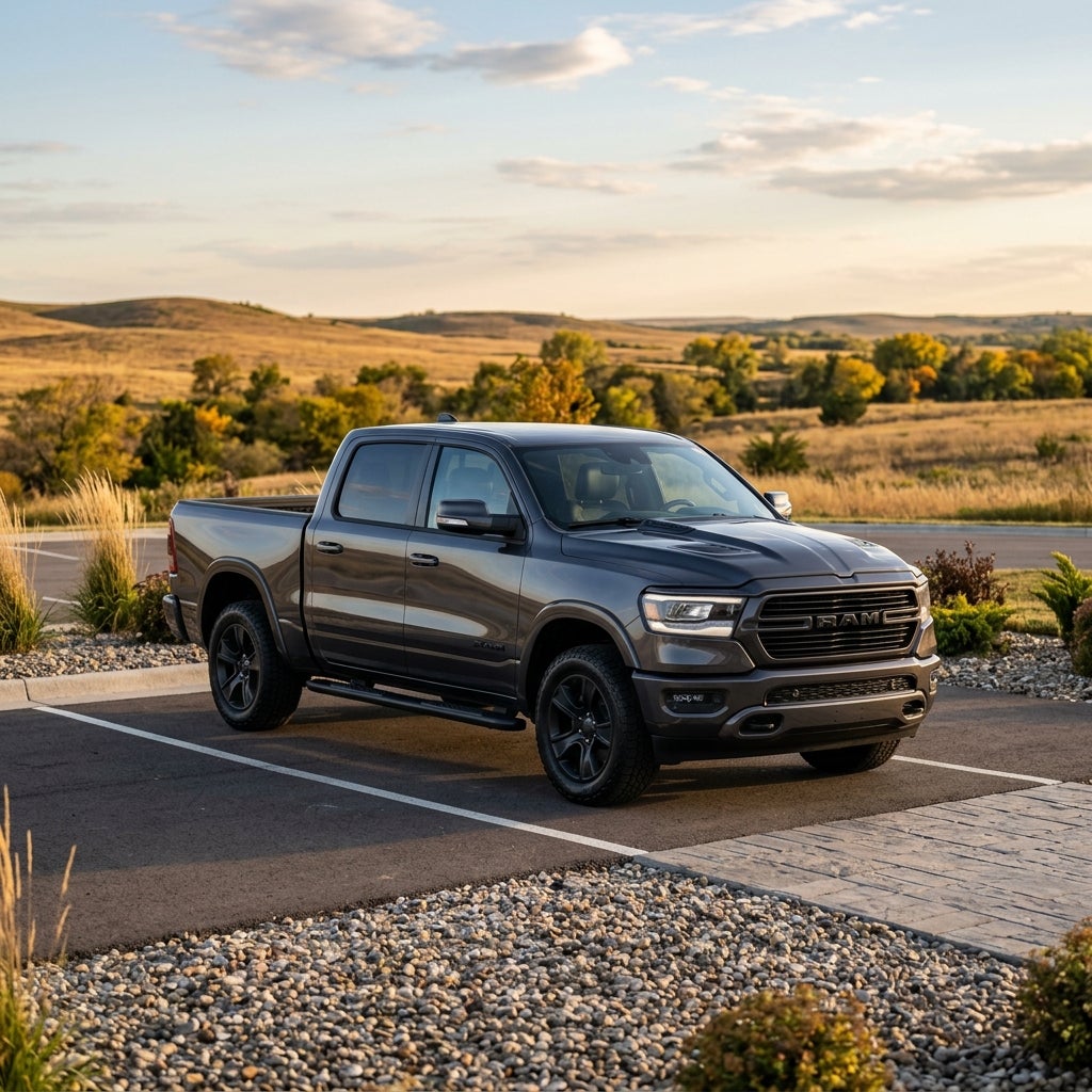 Dark gray Ram 1500 pickup truck parked outdoors near rolling grassy hills during sunset. (Representative image for illustration purposes only. Actual vehicle may vary based on trim and configuration.)