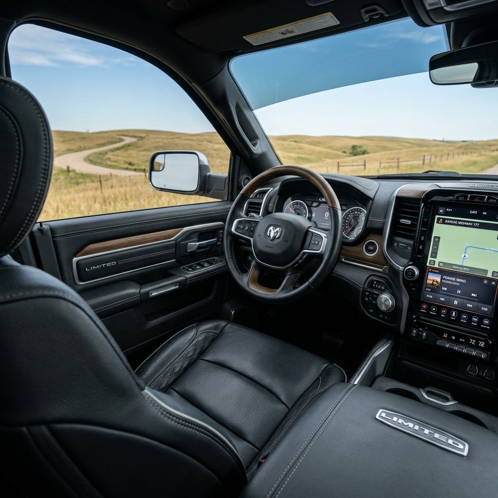 View from the driver's seat of a luxury black leather Ram Limited truck parked near scenic rolling hills. (Representative image for illustration purposes only. Actual vehicle may vary based on trim and configuration.)