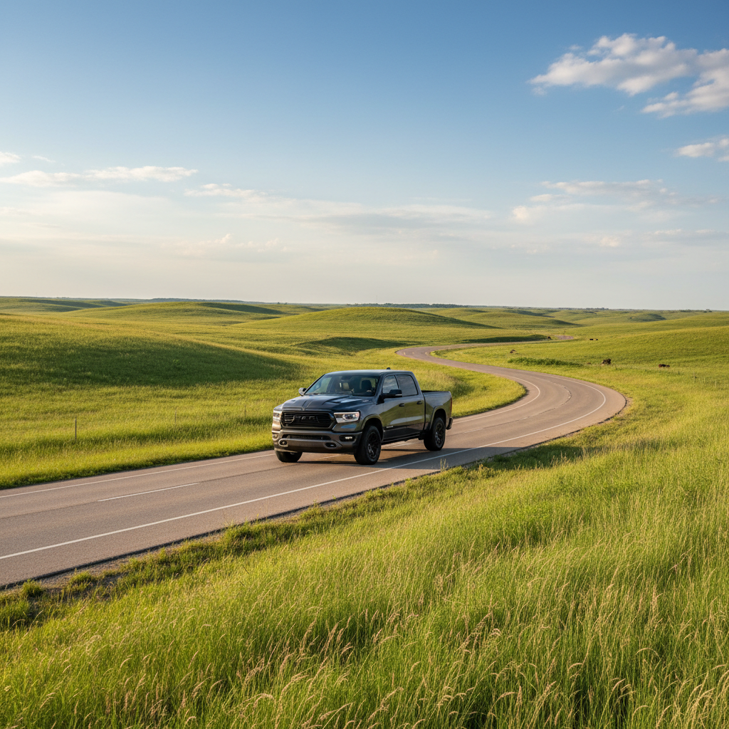 A dark gray pickup truck drives along a winding paved road through rolling green hills under a bright blue sky. (Representative image for illustration purposes only. Actual vehicle may vary based on trim and configuration.)