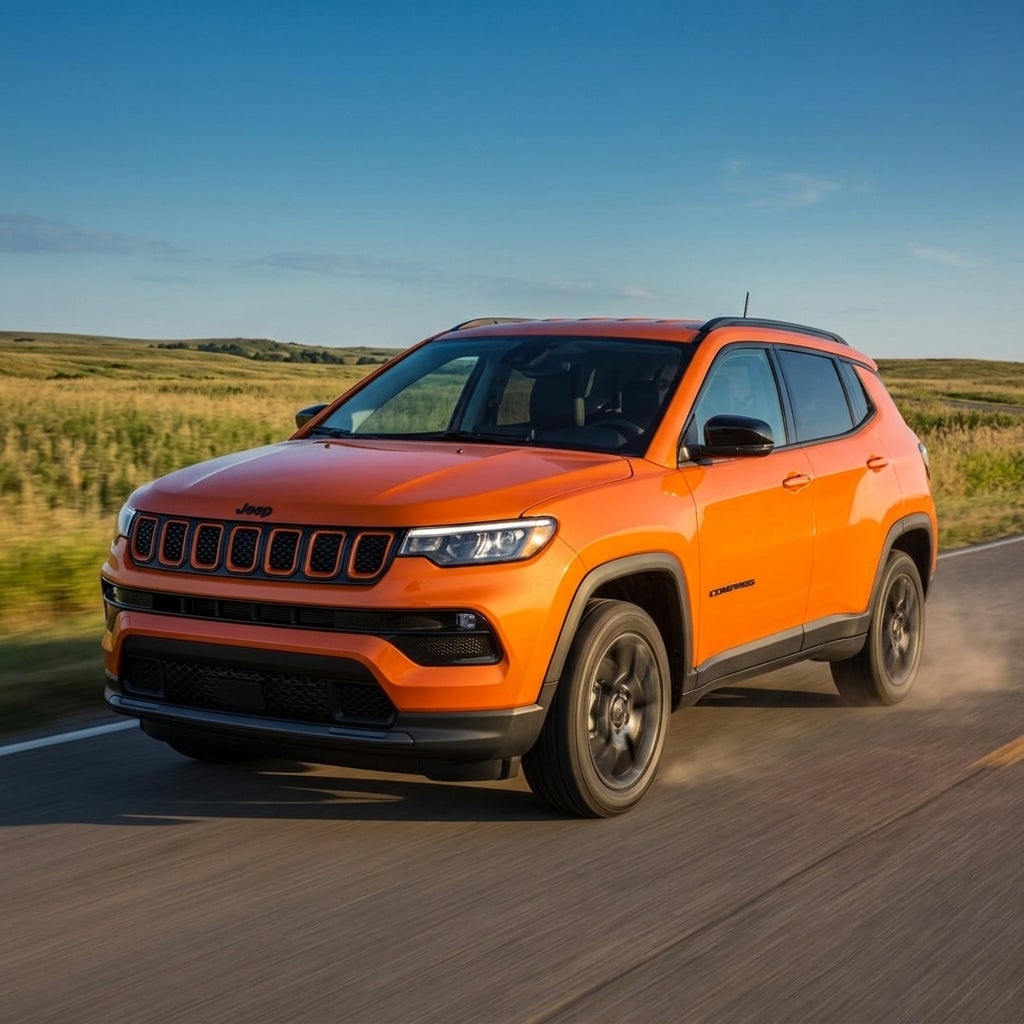 An orange Jeep Compass SUV driving along a rural paved road past open grassy fields under a blue sky. (Representative image for illustration purposes only. Actual vehicle may vary based on trim and configuration.)