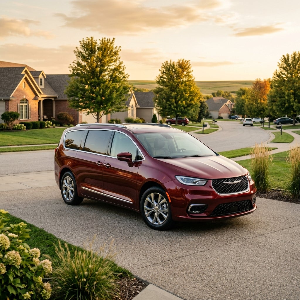 Maroon Chrysler Pacifica minivan parked on a suburban driveway at sunset. (Representative image for illustration purposes only. Actual vehicle may vary based on trim and configuration.)