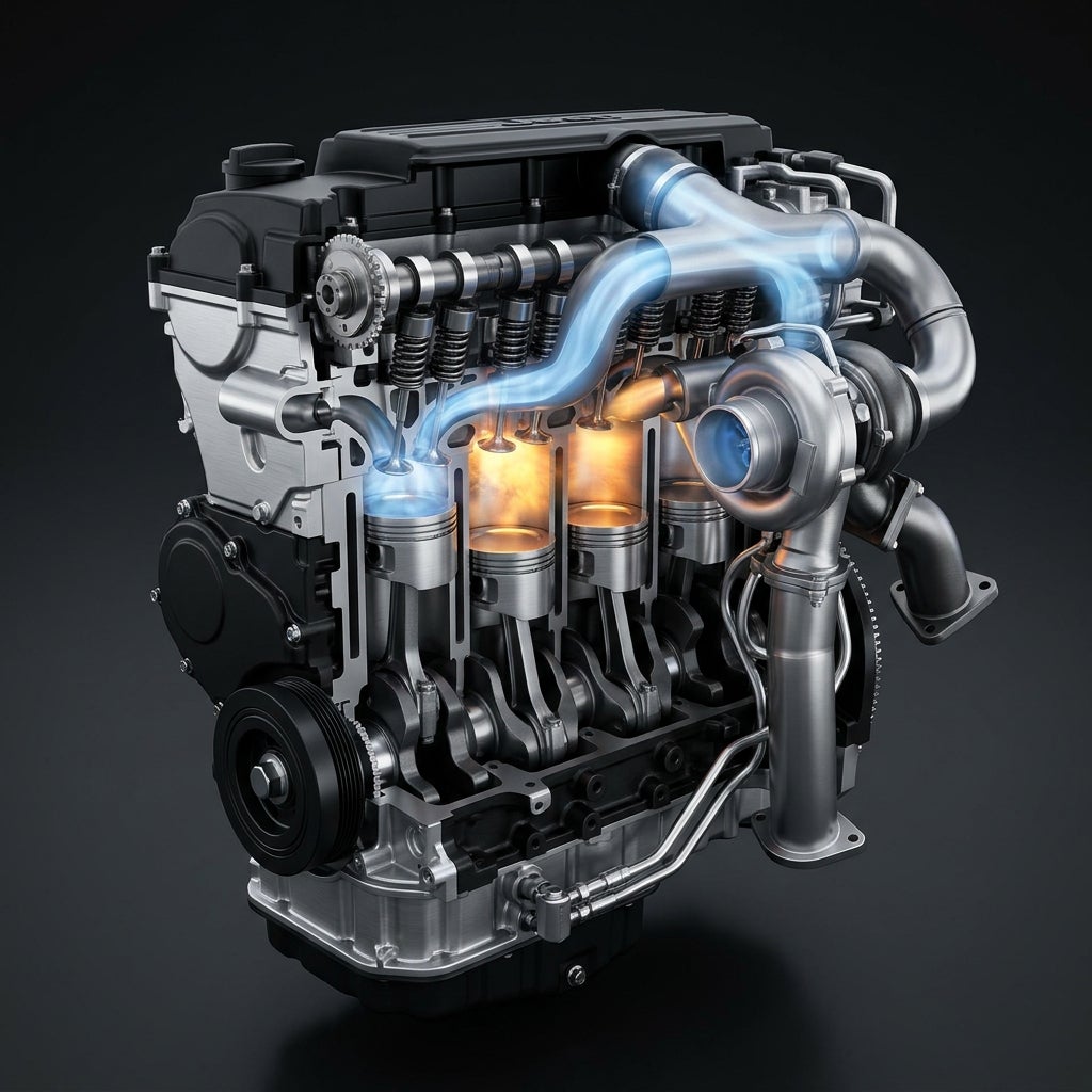 Cutaway 3D rendering of a turbocharged four-cylinder car engine showing pistons, valves, and combustion. (Representative image for illustration purposes only. Actual vehicle may vary based on trim and configuration.)