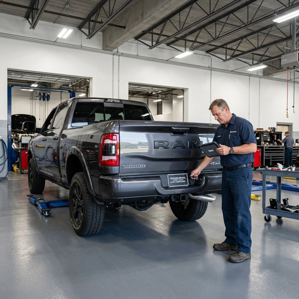 Automotive technician holding a diagnostic tablet while inspecting the rear of a grey Ram truck on a lift. (Representative image for illustration purposes only. Actual vehicle may vary based on trim and configuration.)