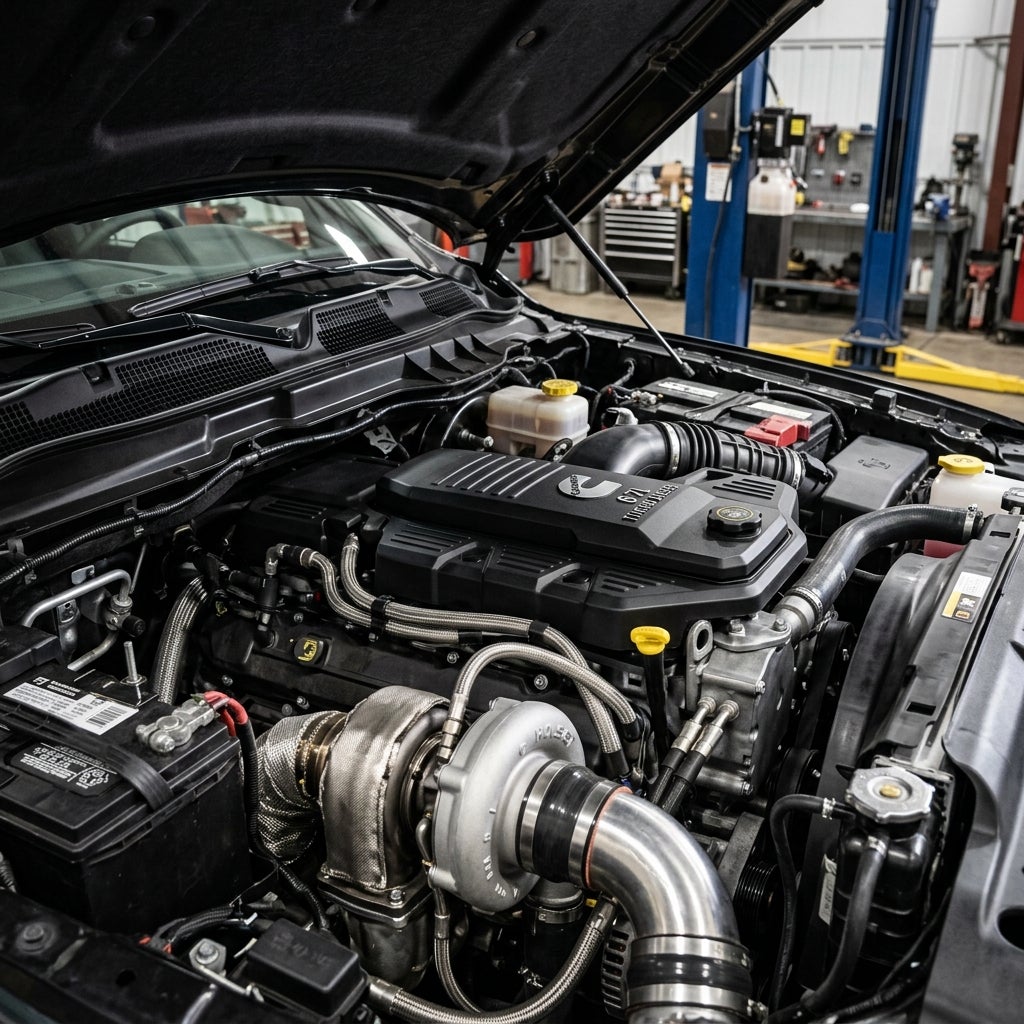 Detailed view of an open truck engine bay featuring an upgraded 6.7L Cummins Turbo Diesel engine in a mechanic shop. (Representative image for illustration purposes only. Actual vehicle may vary based on trim and configuration.)