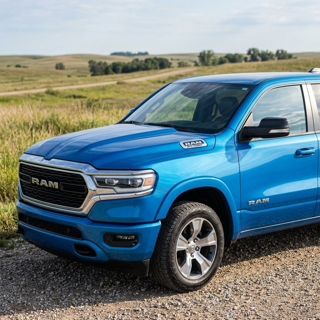 Front quarter view of a bright blue RAM 1500 pickup truck parked on a gravel path in a rural field. (Representative image for illustration purposes only. Actual vehicle may vary based on trim and configuration.)