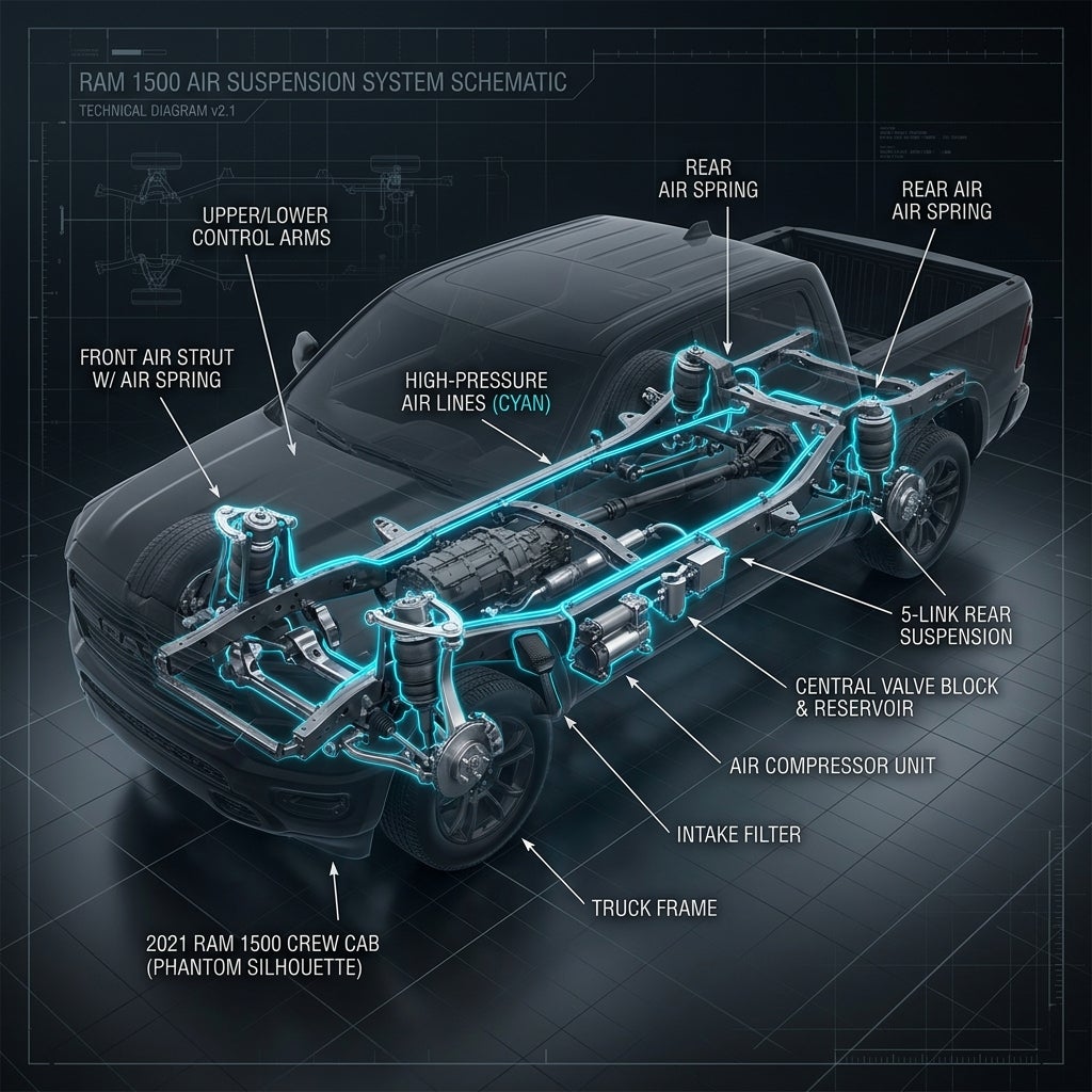 Schematic diagram of a 2021 Ram 1500 air suspension system highlighting key components and cyan air lines. (Representative image for illustration purposes only. Actual vehicle may vary based on trim and configuration.)