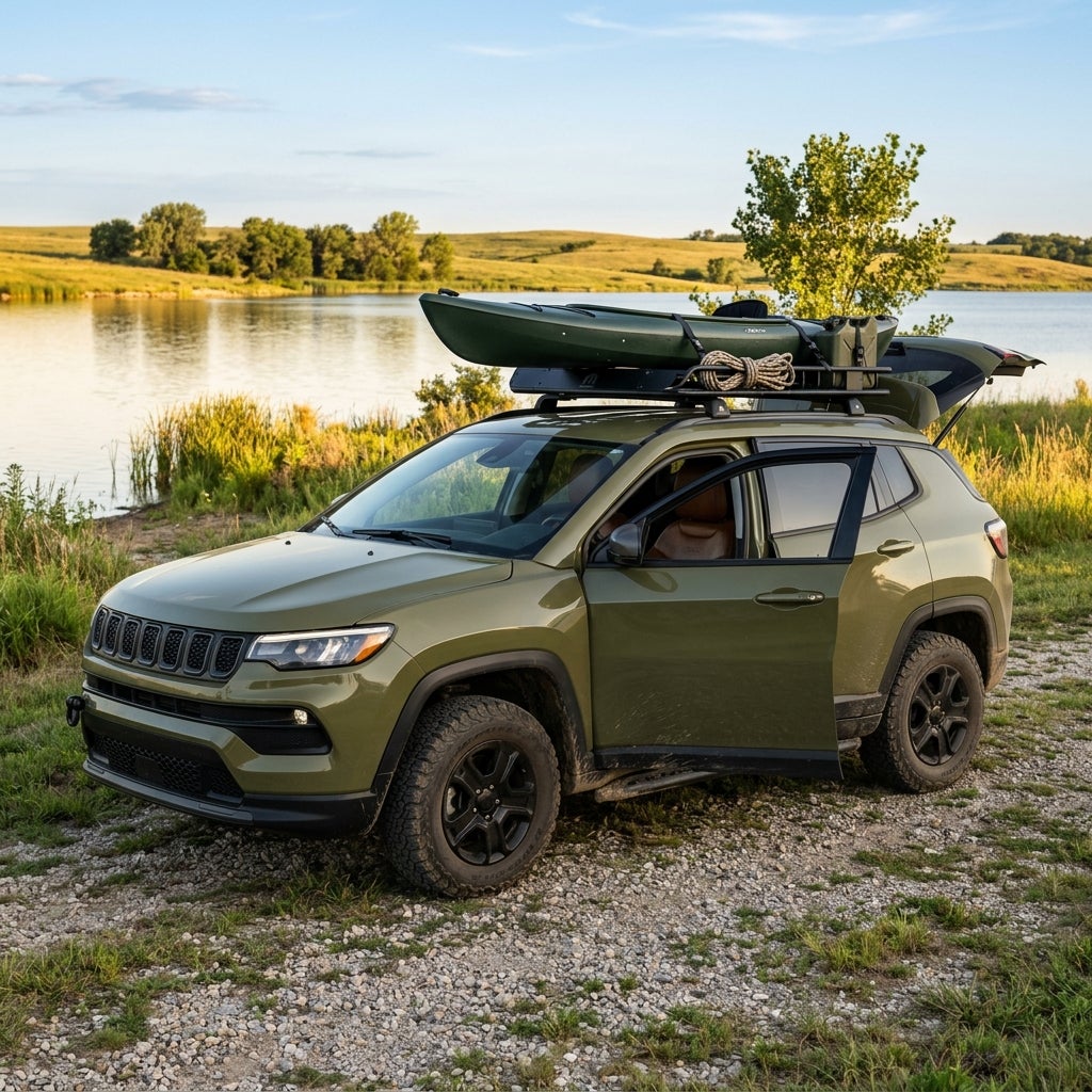 Olive green Jeep SUV with a kayak mounted on its roof rack parked next to a calm lake. (Representative image for illustration purposes only. Actual vehicle may vary based on trim and configuration.)