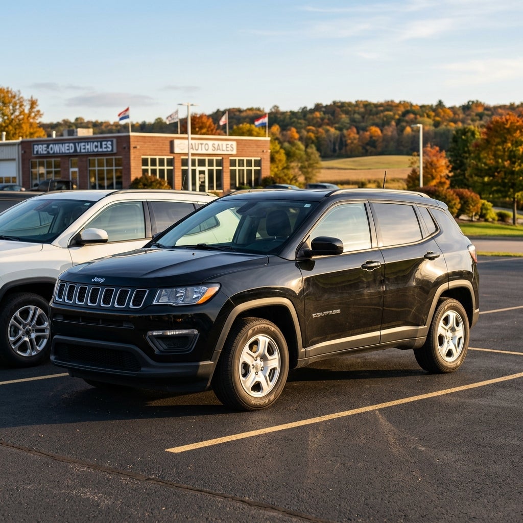 A black Jeep Compass parked on an asphalt lot in front of a pre-owned auto dealership during golden hour. (Representative image for illustration purposes only. Actual vehicle may vary based on trim and configuration.)