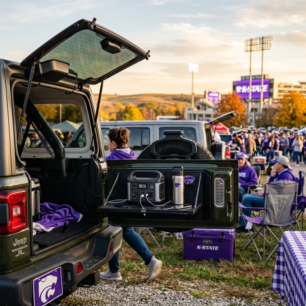 Open Jeep Wrangler tailgate with a portable power station and K-State gear at a football stadium tailgate. (Representative image for illustration purposes only. Actual vehicle may vary based on trim and configuration.)