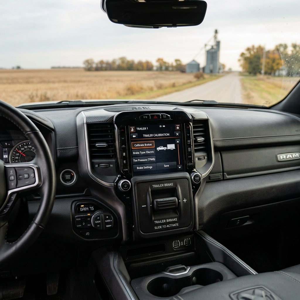 View from inside a RAM truck dashboard showing the touchscreen trailer brake calibration screen and country road ahead. (Representative image for illustration purposes only. Actual vehicle may vary based on trim and configuration.)