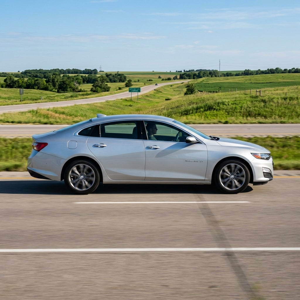Side profile of a silver Chevrolet Malibu sedan driving along a highway past scenic green hills. (Representative image for illustration purposes only. Actual vehicle may vary based on trim and configuration.)