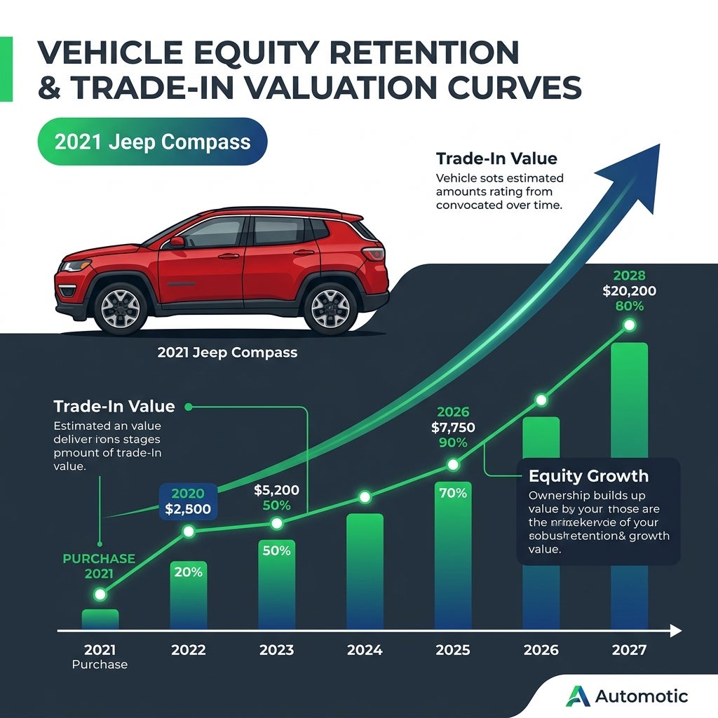 Infographic showing trade-in value and equity growth over time for a 2021 Jeep Compass. (Representative image for illustration purposes only. Actual vehicle may vary based on trim and configuration.)