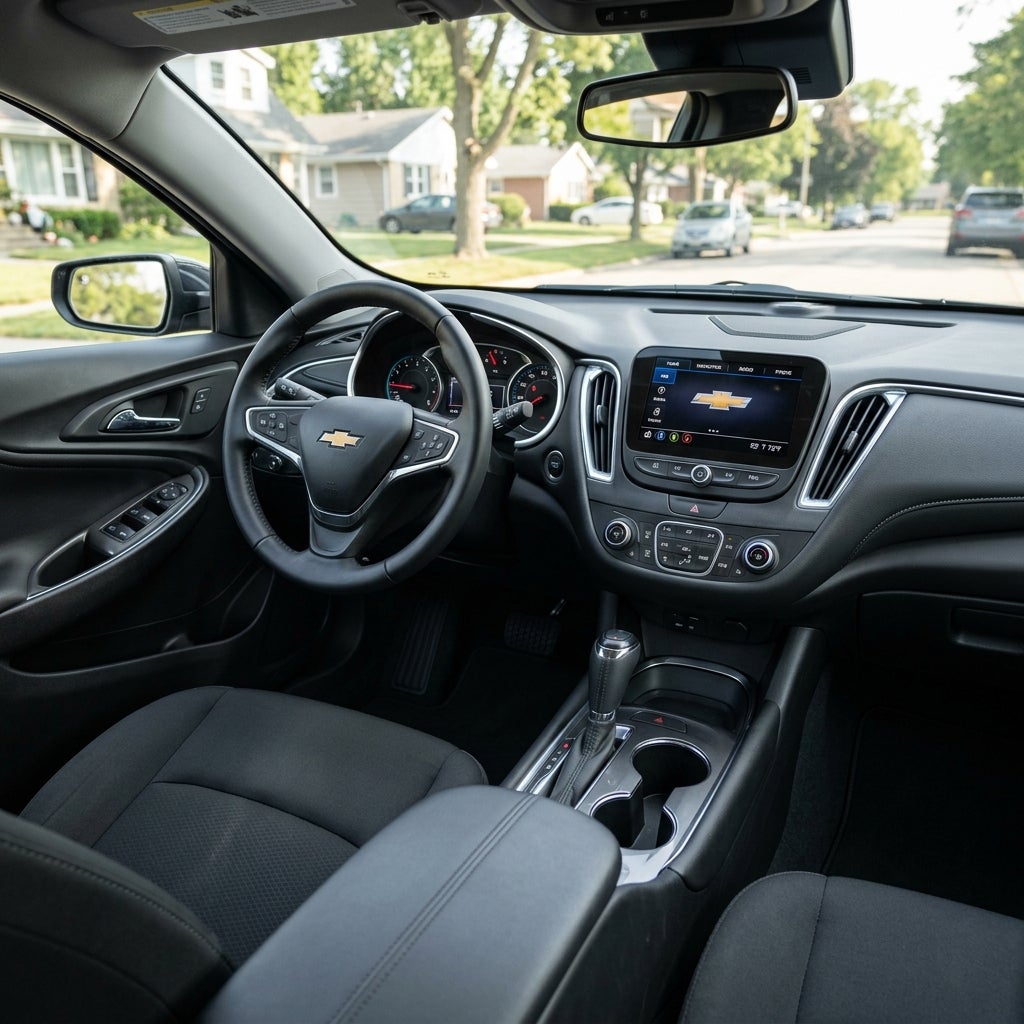 View from inside a black Chevrolet car showing the steering wheel, dashboard, infotainment display, and front seats. (Representative image for illustration purposes only. Actual vehicle may vary based on trim and configuration.)
