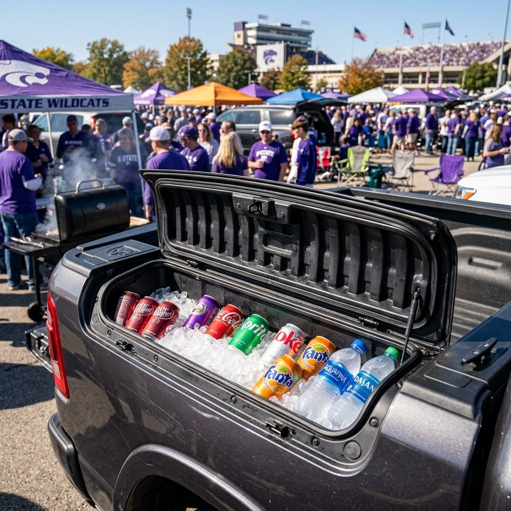 Built-in truck bed cooler filled with ice, soda cans, and water bottles at a crowded football tailgating party. (Representative image for illustration purposes only. Actual vehicle may vary based on trim and configuration.)