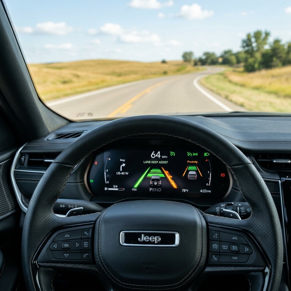 View from the driver's seat of a Jeep showing a digital instrument cluster with Lane Keep Assist on an open road. (Representative image for illustration purposes only. Actual vehicle may vary based on trim and configuration.)