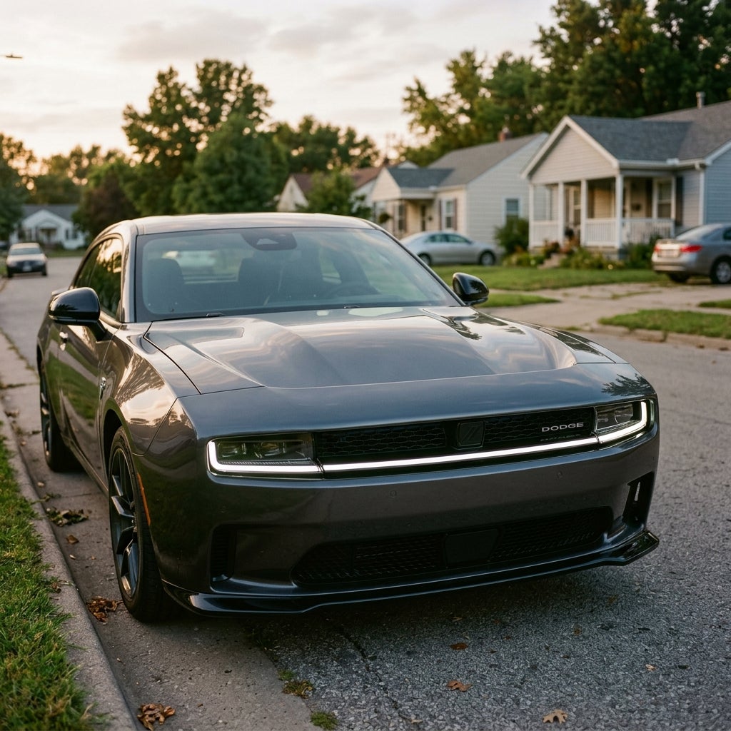 A dark gray Dodge Charger coupe parked on a suburban street at sunset, showing its front grille and LED light bar. (Representative image for illustration purposes only. Actual vehicle may vary based on trim and configuration.)