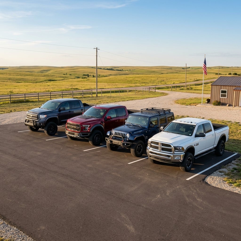 Four pickup trucks and SUVs parked in a lined asphalt lot against scenic rolling hills. (Representative image for illustration purposes only. Actual vehicle may vary based on trim and configuration.)