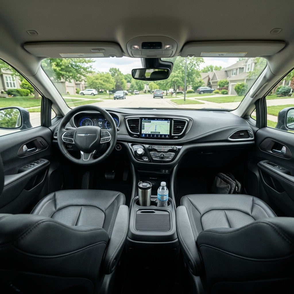 Front interior view of a car showing black leather seats, dashboard navigation display, and suburban street ahead. (Representative image for illustration purposes only. Actual vehicle may vary based on trim and configuration.)