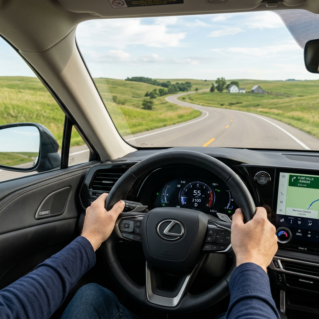 A person's hands on the steering wheel of a Lexus, driving on a winding country road through rolling green hills. (Representative image for illustration purposes only. Actual vehicle may vary based on trim and configuration.)