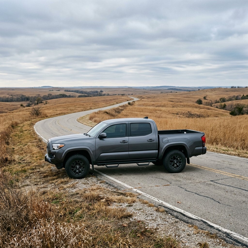 Dark gray Toyota Tacoma pickup truck parked beside a winding prairie road running through rolling yellow hills. (Representative image for illustration purposes only. Actual vehicle may vary based on trim and configuration.)